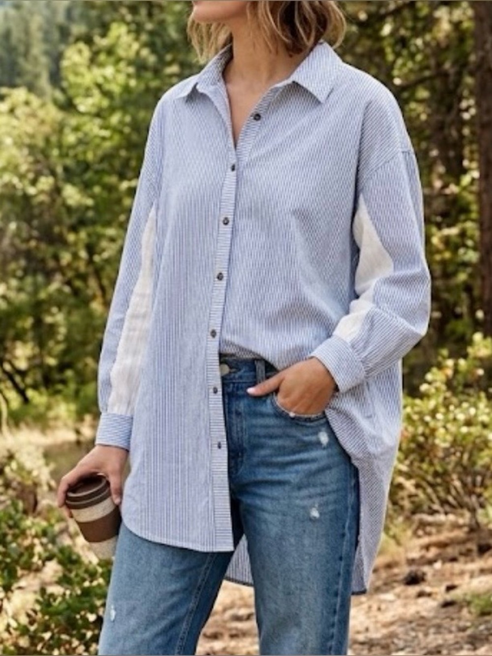 Free People striped oversized blouse side slit white textured sleeve panel small